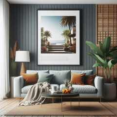 Frame mockup, ISO A paper size. Living room wall poster mockup. Interior mockup with house background. Modern interior design. 3D render with Generative AI Techonology.