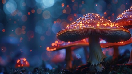Mushrooms in the darkness made in fantasy style with magic lights
