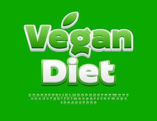 Vector healthy logo Vegan Diet. Bright Green and White Font. Trendy Alphabet Letters and Numbers set.