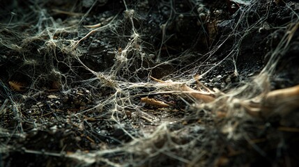 Close up shot of mycelium threads weaving through soil or decaying matter, highlighting the hidden underground world of fungi