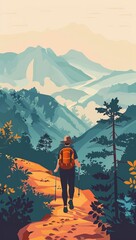Activities hiking in the mountains flat design top view trail exploration theme cartoon drawing Complementary Color Scheme