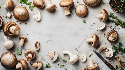 Frame made of a fresh mushrooms on the kitchen table with some tools for cooking, copy space in the middle