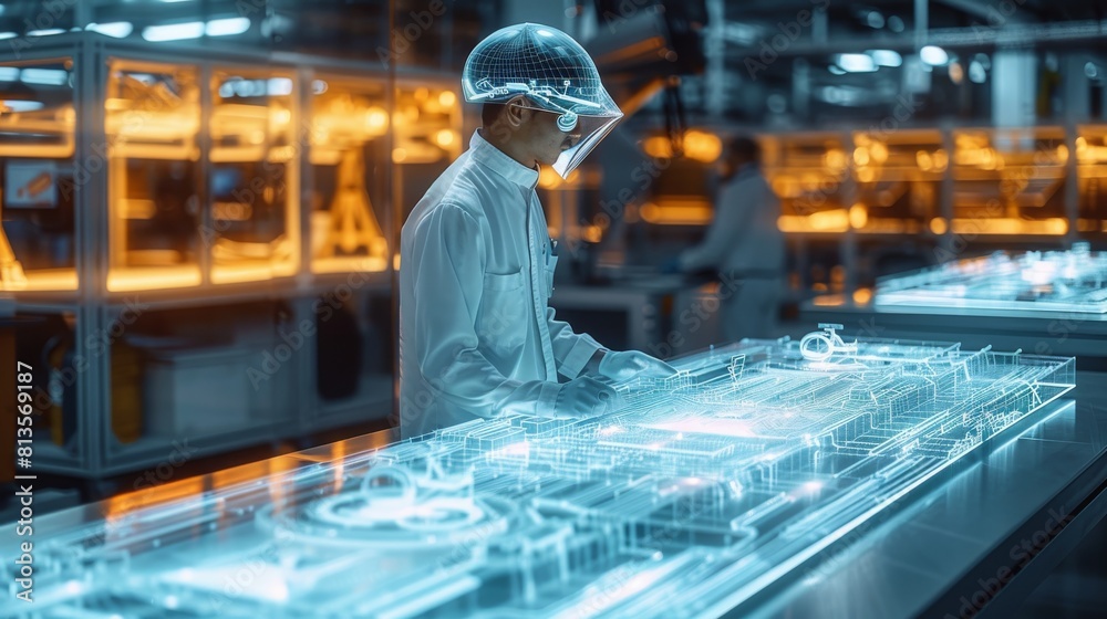 Poster Holographic factory shop floor on a table, an engineer standing next to the ultra translucent futuristic factory shop floor, projected display of information, digital display. Generative AI.