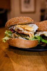 Vertical closeup of delicious sandwiches on the table in a restaurant