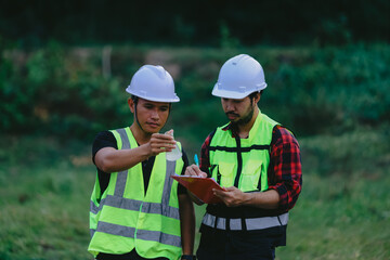 Portrait of asian male scientist and asian male biologist comparing test tubes with samples of polluted water, taken from mountain river and discussing results of analysis during research