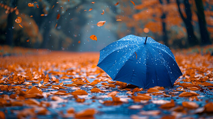Beautiful Autumn Background Landscape Carpet of Leaves,
Creative symbolic image of autumn season maple and rowan leaves with blue umbrella
