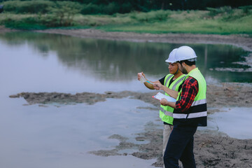 Portrait of asian male scientist and asian male biologist comparing test tubes with samples of polluted water, taken from mountain river and discussing results of analysis during research