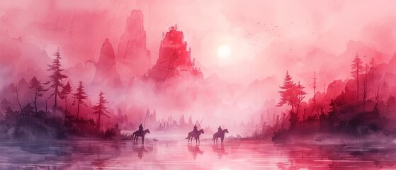 Isolated pink watercolor castle.