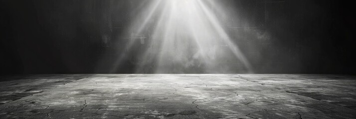 Obraz premium Spotlight in a dark room with concrete floor and brick wall. Dark room with spotlight. Spotlight effect