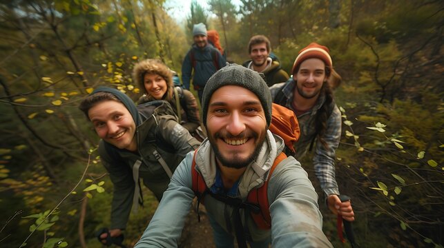 Friends Hiking Forest Background, Selfie Shot, Stock, photography