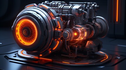 A detailed 3D model of a mechanical engine, showcasing intricate gears and pistons, designed in a futuristic cyberpunk style with neon accents, perfect for use as dynamic desktop wallpaper