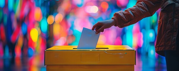 crop anonymous person putting the vote in ballot box against colorful blurred background