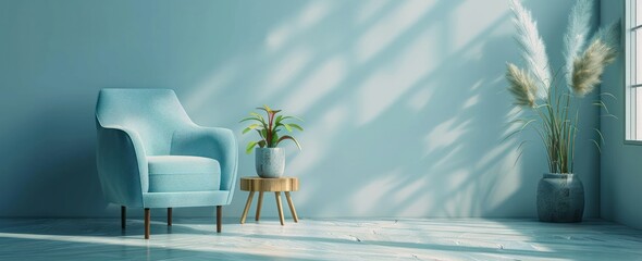 A blue chair sits in front of a window with a potted plant