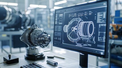 An overhead shot of a mechanical engineer's workspace in a factory, showing detailed schematics of a 3D engine on the computer screen, blueprints scattered around