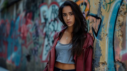 Naklejka premium Fashionable Argentinian Model in Sleek Urban Scene Background, Fashionable, Argentinian model, urban scene