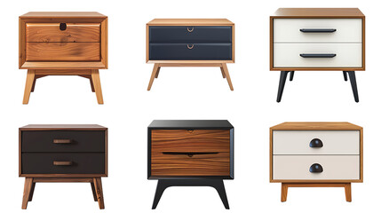 Collection of stylish bedside tables isolated on transparent background 