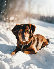 A brown dog is a snow