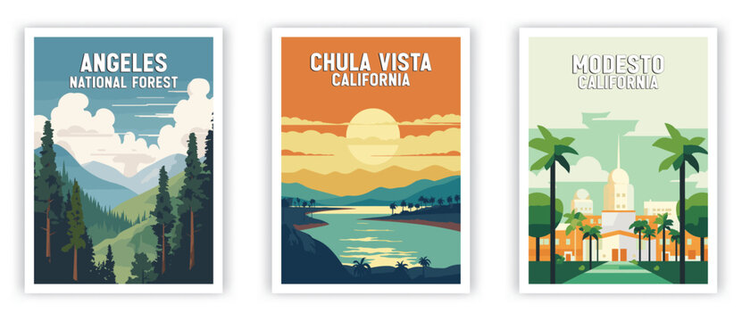 Angeles, Chula Vista, Modesto Illustration Art. Travel Poster Wall Art. Minimalist Vector art