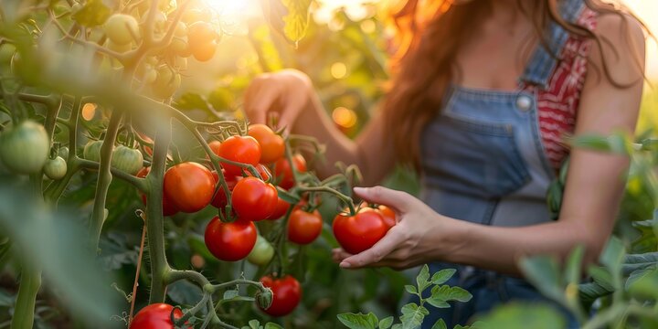 Close-up of a woman picking tomatoes from tomato plants in her vegetable garden in summer