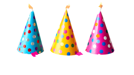 Colorful birthday caps with confetti isolated on transparent background 