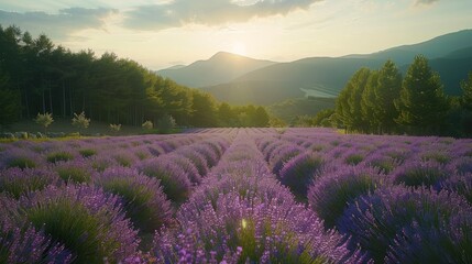 Obraz premium The lavender fields nestled amidst the forest. Generative AI.