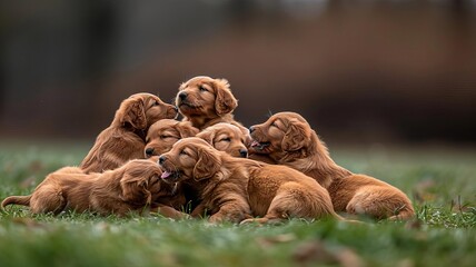 An adorable litter of golden retriever puppies tumbles over one another, their playful energy radiating pure joy