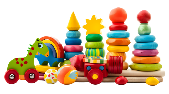 Colorful wooden toys isolated on transparent background