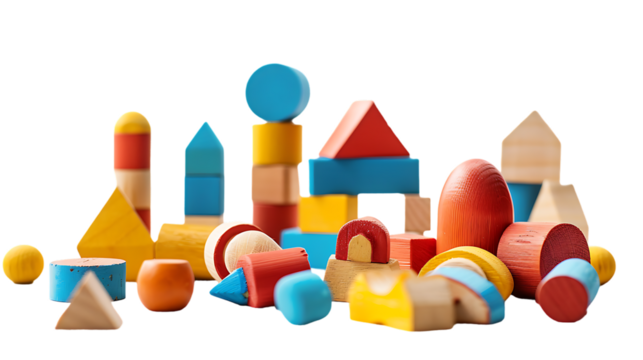 Colorful wooden toys isolated on transparent background