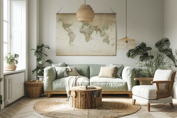 A living room with a large world map on the wall and a wooden coffee table