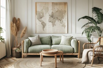 A living room with a couch, coffee table, and a large map on the wall