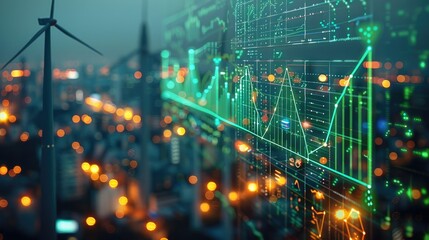 Stock market graphs and economic data visualized with icons of solar panels and wind turbines, uprising green stock market graph, green symbols, positive, positivity. Generative AI.