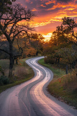 Naklejka premium The warm glow of golden hour illuminating a winding rural road lined with trees. The minimalist composition, with just the road and colorful sky, conveys a sense of journey and adventure