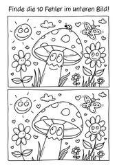 Fehlerbild, 10 Fehler finden, Rätselbild, Rätsel, Ausmalen, Pilz, Fliegenpilz, Blumen, Frühling, Sommer, Schmetterling