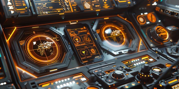 Zoom in on a futuristic spaceship dashboard, highlighting intricate buttons and screens like a detailed oil painting Embed subtle hints of board game strategies in the digital interfaces, hinting at
