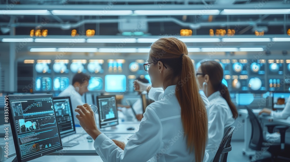 Poster Group of professionals in a high-tech office work diligently on computer, with the latest digital tools and interactive display, highlighting the synergy between humans and technology. Generative AI.