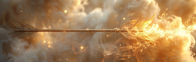 A golden arrow is shown in the air with a lot of smoke and fire behind it