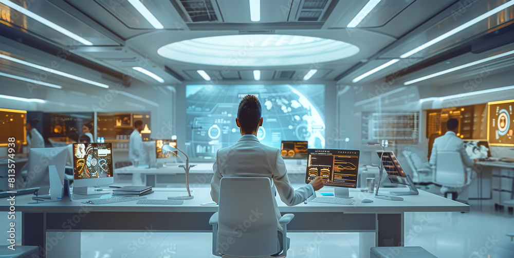 Poster Group of professionals in a high-tech office work diligently on computer, with the latest digital tools and interactive display, highlighting the synergy between humans and technology. Generative AI.