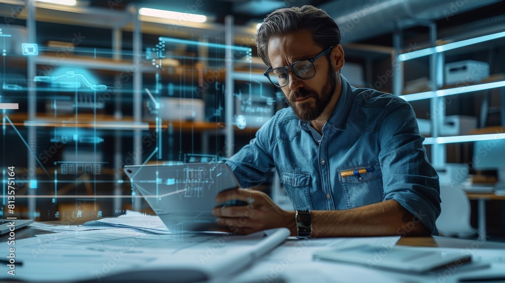 Poster An architect sitting at a table with blueprints, using augmented reality on a mobile device to display digital twin engineering of an HVAC system. Generative AI.
