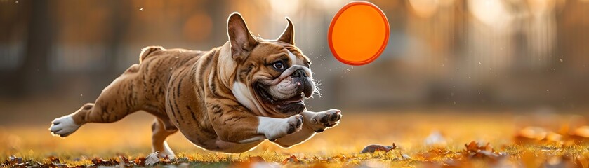 Fototapeta premium An athletic Bulldog catching a frisbee, demonstrating agility and fun, suitable for active lifestyle or sports brand campaigns