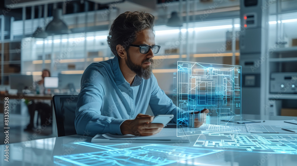 Poster An architect sitting at a table with blueprints, using augmented reality on a mobile device to display digital twin engineering of an HVAC system. Generative AI.