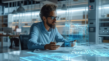 An architect sitting at a table with blueprints, using augmented reality on a mobile device to display digital twin engineering of an HVAC system. Generative AI.