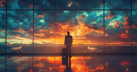 A man stands in front of a window with a suitcase, looking out at the sunset - Powered by Adobe