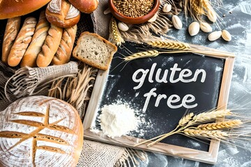 A variety of gluten-free breads displayed with a 'gluten free' sign, surrounded by grains and baking ingredients. - Powered by Adobe