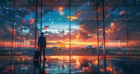 A man is standing in front of a large window at an airport