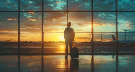 A man stands in front of a window at an airport, looking out at the planes