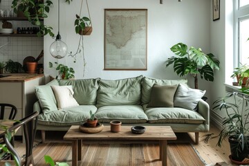 Fototapeta premium A living room with a green couch, a coffee table, and a large map on the wall