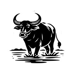 River's Guardian: Vector Water Buffalo Silhouette -Reflecting Strength and Serenity- Minimalist Water Buffalo Vector- Water Buffalo Illustration.