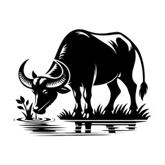 River's Guardian: Vector Water Buffalo Silhouette -Reflecting Strength and Serenity- Minimalist Water Buffalo Vector- Water Buffalo Illustration.