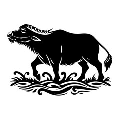 River's Guardian: Vector Water Buffalo Silhouette -Reflecting Strength and Serenity- Minimalist Water Buffalo Vector- Water Buffalo Illustration.