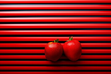 Close-up of two ripe red strawberry resting on vibrant red and black striped background
